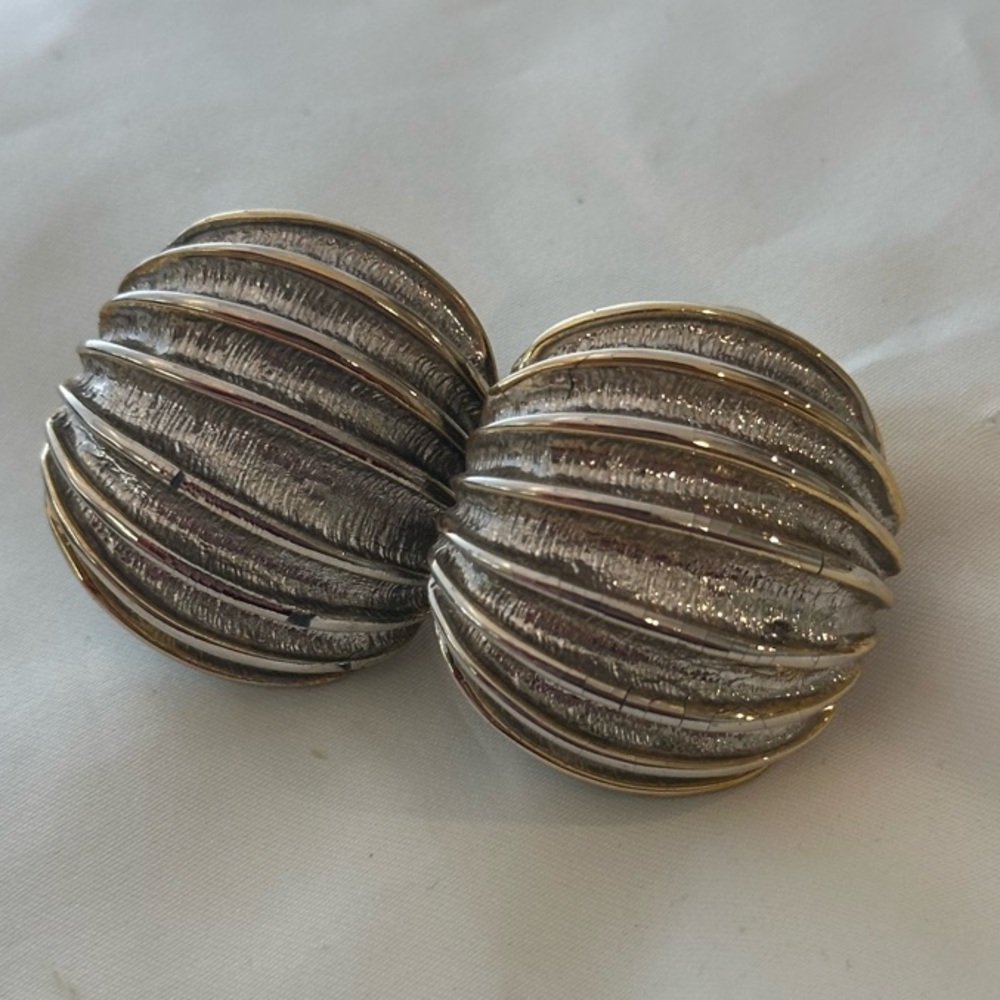 Vintage Sculptural Earrings Silver and Gold Textured clip on Ribbed